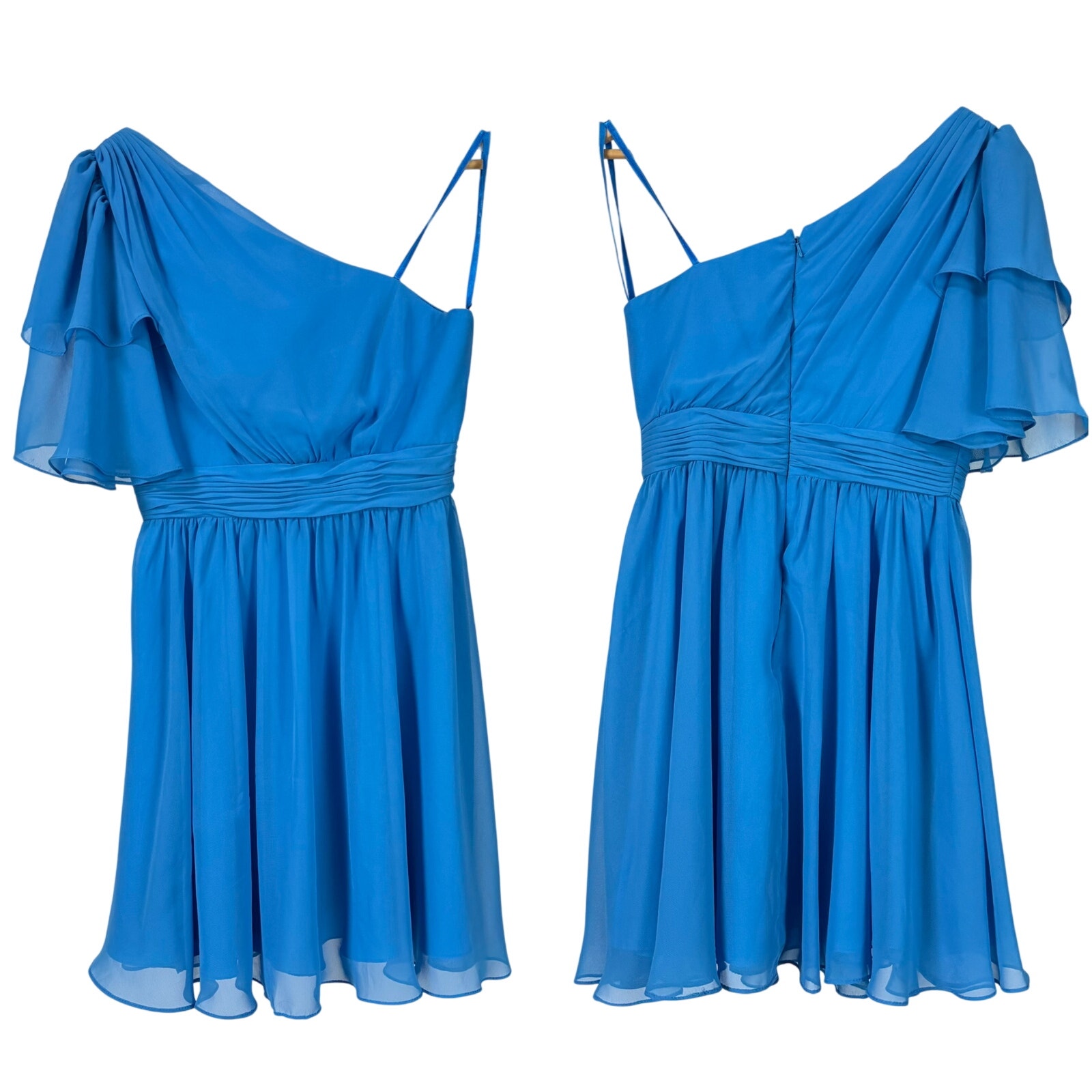 Mac Duggal Nwt One Shoulder Chiffon Mini Dress Ocean Blue Size 2 Flutter Sleeve